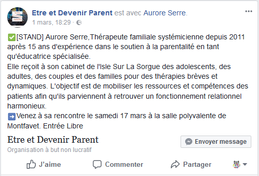 Merci à Etre et Devenir Parent pour ma présentation en vue de ma participation à la Journée de la Parentalité 2018