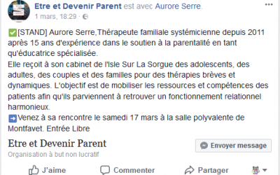 Merci à Etre et Devenir Parent pour ma présentation en vue de ma participation à la Journée de la Parentalité 2018